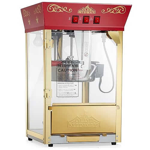 Olde Midway Movie Theater-Style Popcorn Machine Maker with 10-Ounce Kettle - Red, Vintage-Style Countertop Popper