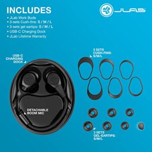 JLab Work Buds in-Ear True Wireless Headset with Detachable Noise-Canceling Boom Mic, Black, Long 55+ Total Hours Playtime, Bluetooth Multipoint, USB-C Charging Dock