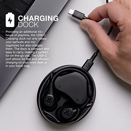 JLab Work Buds in-Ear True Wireless Headset with Detachable Noise-Canceling Boom Mic, Black, Long 55+ Total Hours Playtime, Bluetooth Multipoint, USB-C Charging Dock