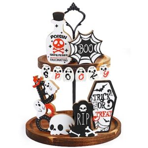 suloli halloween tiered tray decoration, 12 pcs halloween wooden signs haunted house party farmhouse rustic tiered tray decor for home table houseroom
