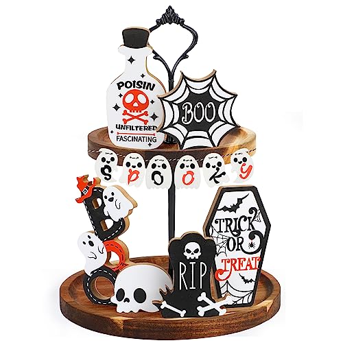 SULOLI Halloween Tiered Tray Decoration, 12 Pcs Halloween Wooden Signs Haunted House Party Farmhouse Rustic Tiered Tray Decor for Home Table Houseroom