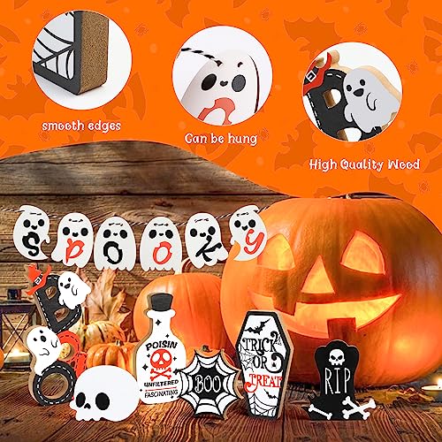 SULOLI Halloween Tiered Tray Decoration, 12 Pcs Halloween Wooden Signs Haunted House Party Farmhouse Rustic Tiered Tray Decor for Home Table Houseroom