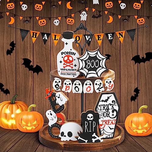 SULOLI Halloween Tiered Tray Decoration, 12 Pcs Halloween Wooden Signs Haunted House Party Farmhouse Rustic Tiered Tray Decor for Home Table Houseroom