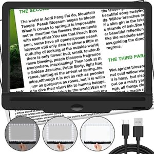 5x magnifying glass with light, dimmable led 9.5” x 6.9” full page magnifier, rechargeable magnifying glass for reading - ideal magnifier for reading and close work - black