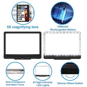 5X Magnifying Glass with Light, Dimmable LED 9.5” x 6.9” Full Page Magnifier, Rechargeable Magnifying Glass for Reading - Ideal Magnifier for Reading and Close Work - Black