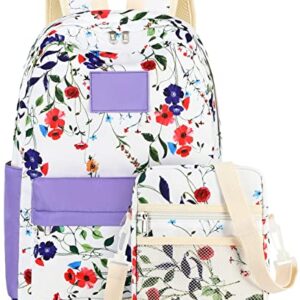 Bluboon Backpack for School Girls Primary School Bag for Kids Teens Casual Daypack Bag with Crossbody Purse Messenger Bag(Purple Floral)