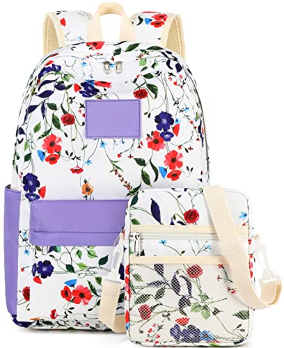 Bluboon Backpack for School Girls Primary School Bag for Kids Teens Casual Daypack Bag with Crossbody Purse Messenger Bag(Purple Floral)