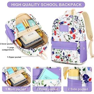 Bluboon Backpack for School Girls Primary School Bag for Kids Teens Casual Daypack Bag with Crossbody Purse Messenger Bag(Purple Floral)