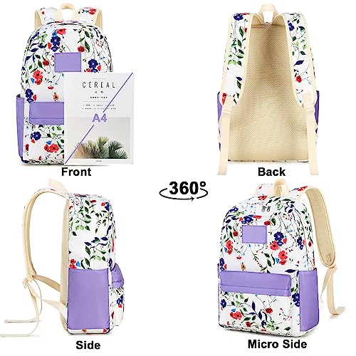 Bluboon Backpack for School Girls Primary School Bag for Kids Teens Casual Daypack Bag with Crossbody Purse Messenger Bag(Purple Floral)