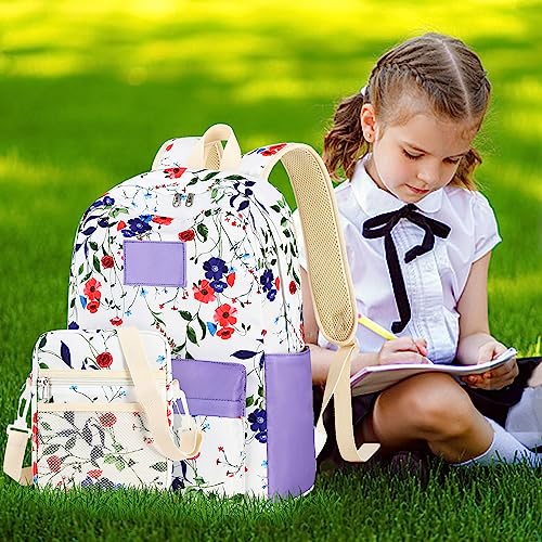 Bluboon Backpack for School Girls Primary School Bag for Kids Teens Casual Daypack Bag with Crossbody Purse Messenger Bag(Purple Floral)