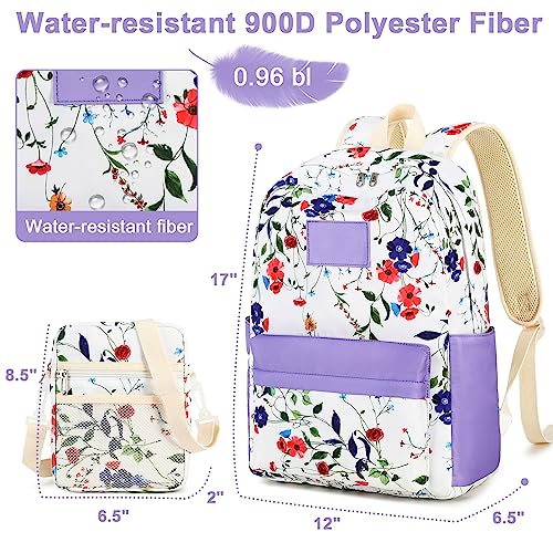 Bluboon Backpack for School Girls Primary School Bag for Kids Teens Casual Daypack Bag with Crossbody Purse Messenger Bag(Purple Floral)