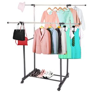 Small Clothing Rack for Hanging Clothes Wardrobe Rack Garment Rack Hanging Rack Rolling Closet with Wheels Double Rod Clothing Display Rack Cost Free of Storage Basket Cube Storage Bin (Garment Rack)