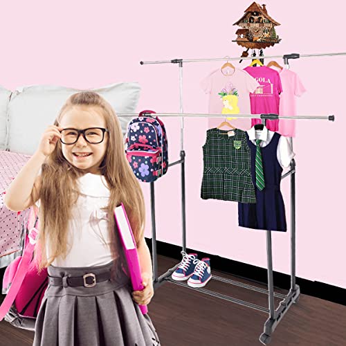 Small Clothing Rack for Hanging Clothes Wardrobe Rack Garment Rack Hanging Rack Rolling Closet with Wheels Double Rod Clothing Display Rack Cost Free of Storage Basket Cube Storage Bin (Garment Rack)