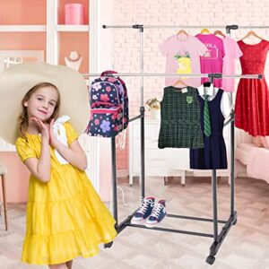 Small Clothing Rack for Hanging Clothes Wardrobe Rack Garment Rack Hanging Rack Rolling Closet with Wheels Double Rod Clothing Display Rack Cost Free of Storage Basket Cube Storage Bin (Garment Rack)