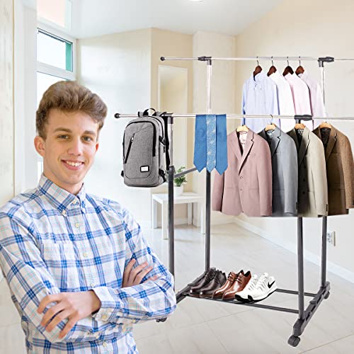 Small Clothing Rack for Hanging Clothes Wardrobe Rack Garment Rack Hanging Rack Rolling Closet with Wheels Double Rod Clothing Display Rack Cost Free of Storage Basket Cube Storage Bin (Garment Rack)