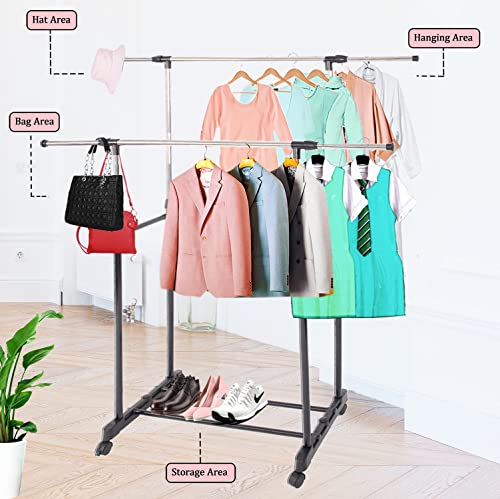 Small Clothing Rack for Hanging Clothes Wardrobe Rack Garment Rack Hanging Rack Rolling Closet with Wheels Double Rod Clothing Display Rack Cost Free of Storage Basket Cube Storage Bin (Garment Rack)