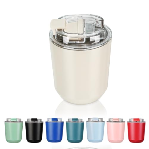 Puraville Insulated Tumblers with Lid, 10 oz Travel Coffee Mug Stainless Steel Vacuum Thermos Cup, Leak Proof Reusable Double Walled Coffee Tumbler for Iced and Hot Drinks,Cream