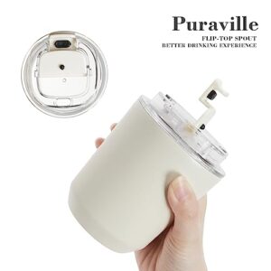 Puraville Insulated Tumblers with Lid, 10 oz Travel Coffee Mug Stainless Steel Vacuum Thermos Cup, Leak Proof Reusable Double Walled Coffee Tumbler for Iced and Hot Drinks,Cream