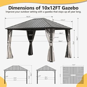 Domi Hardtop Gazebo 10' X 12', Permanent Outdoor Galvanized Steel Roof Gazebo with Aluminum Frame, Pavilion Metal Gazebos with Netting & Curtains for Garden, Patios, Lawns, Parties(Dark Brown)