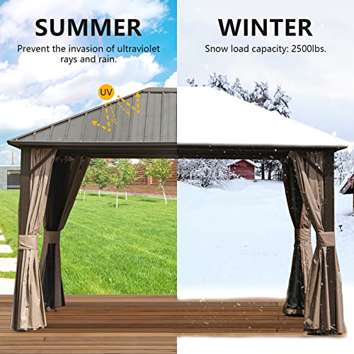 Domi Hardtop Gazebo 10' X 12', Permanent Outdoor Galvanized Steel Roof Gazebo with Aluminum Frame, Pavilion Metal Gazebos with Netting & Curtains for Garden, Patios, Lawns, Parties(Dark Brown)