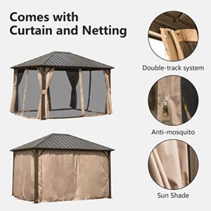 Domi Hardtop Gazebo 10' X 12', Permanent Outdoor Galvanized Steel Roof Gazebo with Aluminum Frame, Pavilion Metal Gazebos with Netting & Curtains for Garden, Patios, Lawns, Parties(Dark Brown)