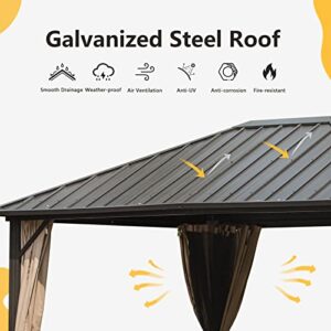 Domi Hardtop Gazebo 10' X 12', Permanent Outdoor Galvanized Steel Roof Gazebo with Aluminum Frame, Pavilion Metal Gazebos with Netting & Curtains for Garden, Patios, Lawns, Parties(Dark Brown)