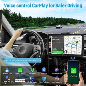 Carpuride Portable Apple Carplay Wireless Car Stereo with Light Sensing - 10.1 Inch IPS Touch Screen Car Radio Receiver with Android Auto, Mirror Link, Bluetooth, Voice Control, AUX, FM, GPS