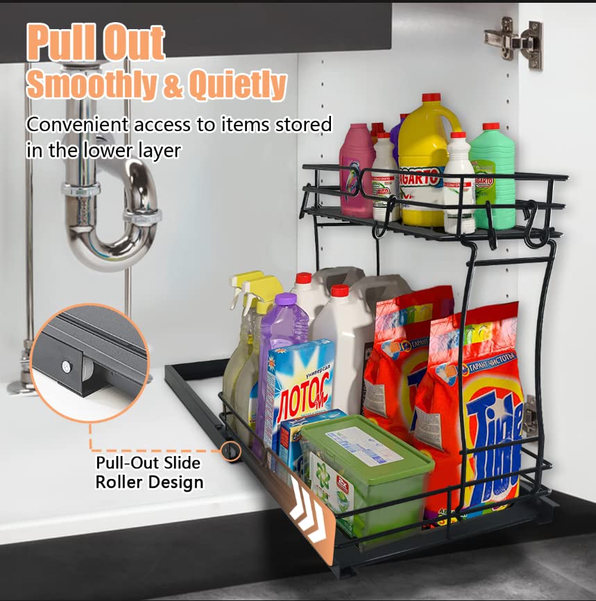 wiiAiloo Pull Out Cabinet Organizer 2 Tier Under Sink Cabinet Organizer Storage Shelf with Sliding Storage Basket for Kitchen Bathroom Laundry Room, Request at Least 11 inch Cabinet Opening