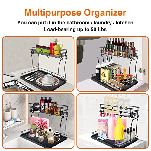 wiiAiloo Pull Out Cabinet Organizer 2 Tier Under Sink Cabinet Organizer Storage Shelf with Sliding Storage Basket for Kitchen Bathroom Laundry Room, Request at Least 11 inch Cabinet Opening