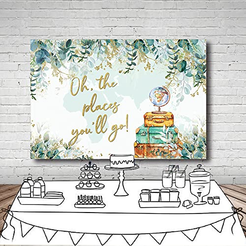 MEHOFOND 7x5ft Oh The Places You'll Go Backdrop Baby Shower Party Decorations Summer Greenery Eucalyptus Leaves Adventure Awaits Photography Background Photo Studio Props