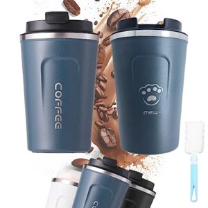 iwangds leak proof travel coffee mug, reusable coffee cup with lid, insulated coffee mug with brush, stainless steel vacuum tumbler, keep hot & cold, 13oz mini thermos with cat paw pattern(blue*1)