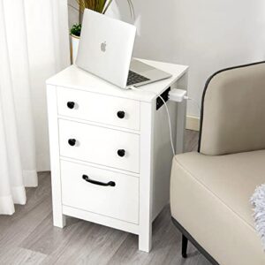 nightstand with charging station, end table, side table with 3 storage drawers for small space, flip top bedside table with usb ports and outlets for bedroom, living room, easy assembly, white