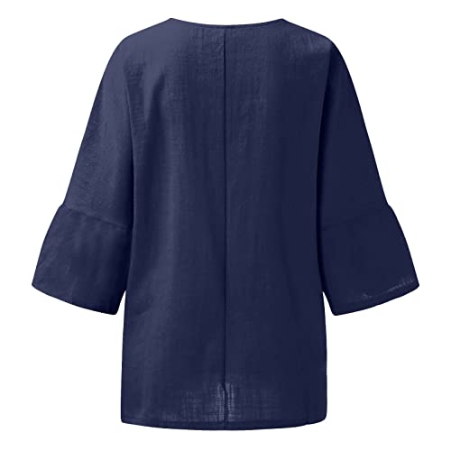 Ceboyel Women's Cotton Linen Tunic Shirts Dandelion Print Summer Tops 3/4 Sleeve Blouse Tshirts Bohemian Style Clothes 2023 Cotton Linen Tops for Women 2023 Navy 2X