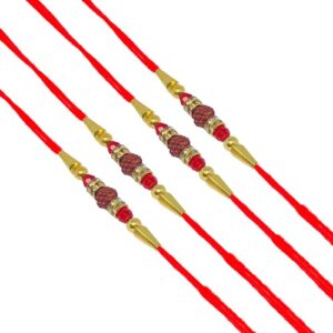 thenext7 pack of 4 rakhi set for brother and sister, indian rakhi, rudraksh with golden rings and pink beads rakhi