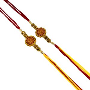 thenext7 set of 2 om rakhi for brother bhaiya bhabhi traditional, flower om pendant with golden beads and rings rakhi thread