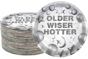 50 pcs older wiser hotter party supplies,older wiser hotter paper plates 7" silver party dessert plates for 30th 40th 50th 60th 70th 80th birthday party fun party disco birthday party decorations