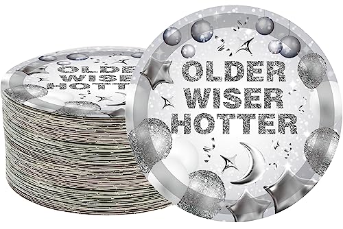 50 Pcs Older Wiser Hotter Party Supplies,Older Wiser Hotter Paper Plates 7" Silver Party Dessert Plates for 30th 40th 50th 60th 70th 80th Birthday Party Fun Party Disco Birthday Party Decorations