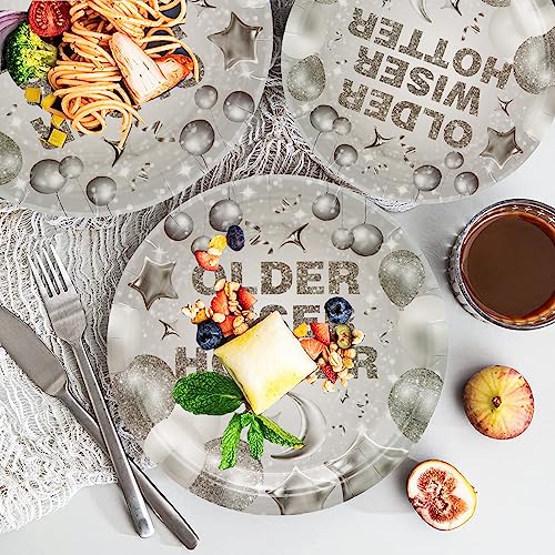 50 Pcs Older Wiser Hotter Party Supplies,Older Wiser Hotter Paper Plates 7" Silver Party Dessert Plates for 30th 40th 50th 60th 70th 80th Birthday Party Fun Party Disco Birthday Party Decorations