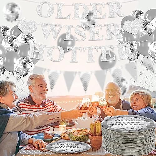 50 Pcs Older Wiser Hotter Party Supplies,Older Wiser Hotter Paper Plates 7" Silver Party Dessert Plates for 30th 40th 50th 60th 70th 80th Birthday Party Fun Party Disco Birthday Party Decorations