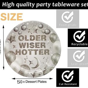 50 Pcs Older Wiser Hotter Party Supplies,Older Wiser Hotter Paper Plates 7" Silver Party Dessert Plates for 30th 40th 50th 60th 70th 80th Birthday Party Fun Party Disco Birthday Party Decorations