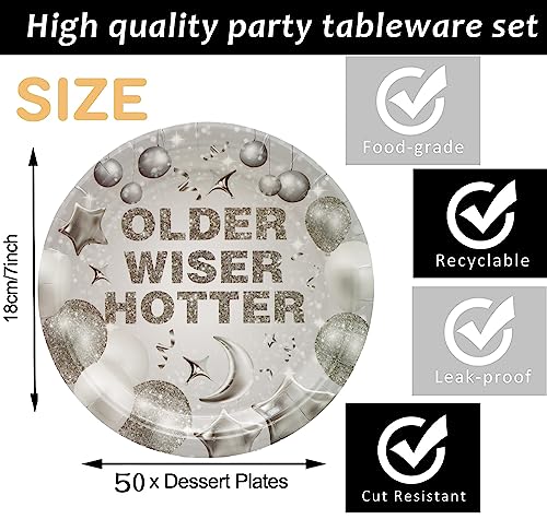 50 Pcs Older Wiser Hotter Party Supplies,Older Wiser Hotter Paper Plates 7" Silver Party Dessert Plates for 30th 40th 50th 60th 70th 80th Birthday Party Fun Party Disco Birthday Party Decorations