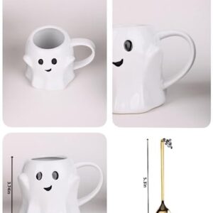 Vroknvs Spooky Ghost Mug - Novelty Ceramic Mug 14oz White Ceramic Ghost Shaped 3D Coffee Cup with Handle and Spoon - Perfect for Halloween Decor and Best Gifts for Coffee Lover