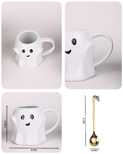 Vroknvs Spooky Ghost Mug - Novelty Ceramic Mug 14oz White Ceramic Ghost Shaped 3D Coffee Cup with Handle and Spoon - Perfect for Halloween Decor and Best Gifts for Coffee Lover