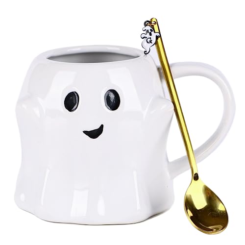 Vroknvs Spooky Ghost Mug - Novelty Ceramic Mug 14oz White Ceramic Ghost Shaped 3D Coffee Cup with Handle and Spoon - Perfect for Halloween Decor and Best Gifts for Coffee Lover