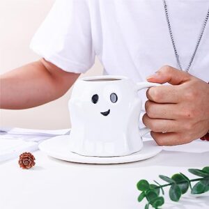 Vroknvs Spooky Ghost Mug - Novelty Ceramic Mug 14oz White Ceramic Ghost Shaped 3D Coffee Cup with Handle and Spoon - Perfect for Halloween Decor and Best Gifts for Coffee Lover