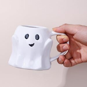 Vroknvs Spooky Ghost Mug - Novelty Ceramic Mug 14oz White Ceramic Ghost Shaped 3D Coffee Cup with Handle and Spoon - Perfect for Halloween Decor and Best Gifts for Coffee Lover