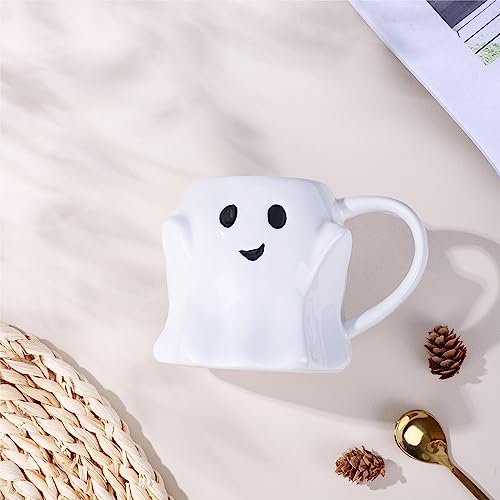 Vroknvs Spooky Ghost Mug - Novelty Ceramic Mug 14oz White Ceramic Ghost Shaped 3D Coffee Cup with Handle and Spoon - Perfect for Halloween Decor and Best Gifts for Coffee Lover