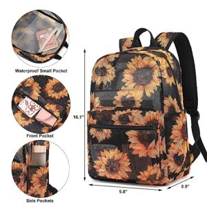 Xunteny Sunflower Mesh Backpack for Girls Women, Semi-Transparent Kids School Backpack College Bookbag Casual Daypacks for Beach Gym Travel (Black)