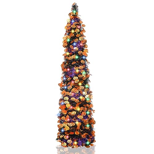 Halloween Pumpkin Tree with 50 Lights,5ft Pop Up Pencil Collapsible Tinsel Halloween Christmas Trees Decorations Indoor for Home Door Porch Bedroom Decor Holiday Party,WOKEISE