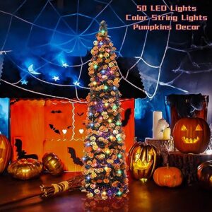 Halloween Pumpkin Tree with 50 Lights,5ft Pop Up Pencil Collapsible Tinsel Halloween Christmas Trees Decorations Indoor for Home Door Porch Bedroom Decor Holiday Party,WOKEISE